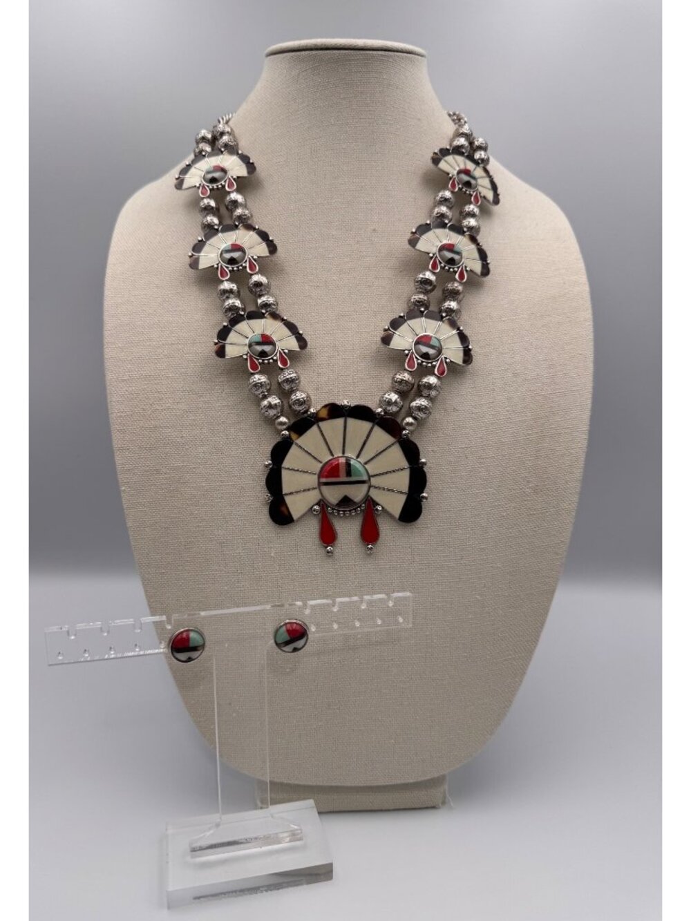 Southwestern Style Squash Blossom Necklace Earrings Set Faux Inlay Silver Tone